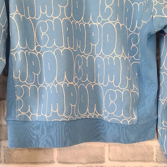 Champion Reverse Weave Hoodie Womens Large Blue Bubble Letter All Over Logo Y2K - Picture 7 of 8